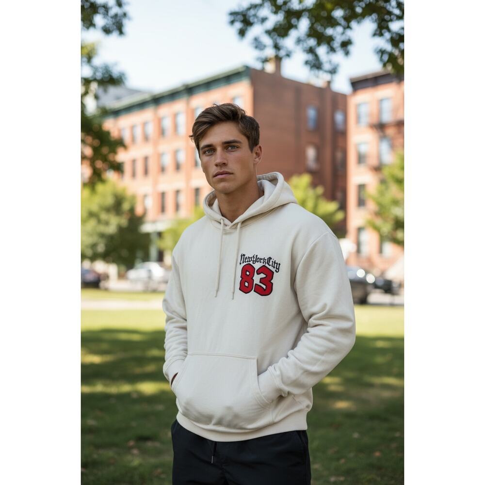 H&M New York City 83 Hoodie | Cream Graphic Sweatshirt | Size M